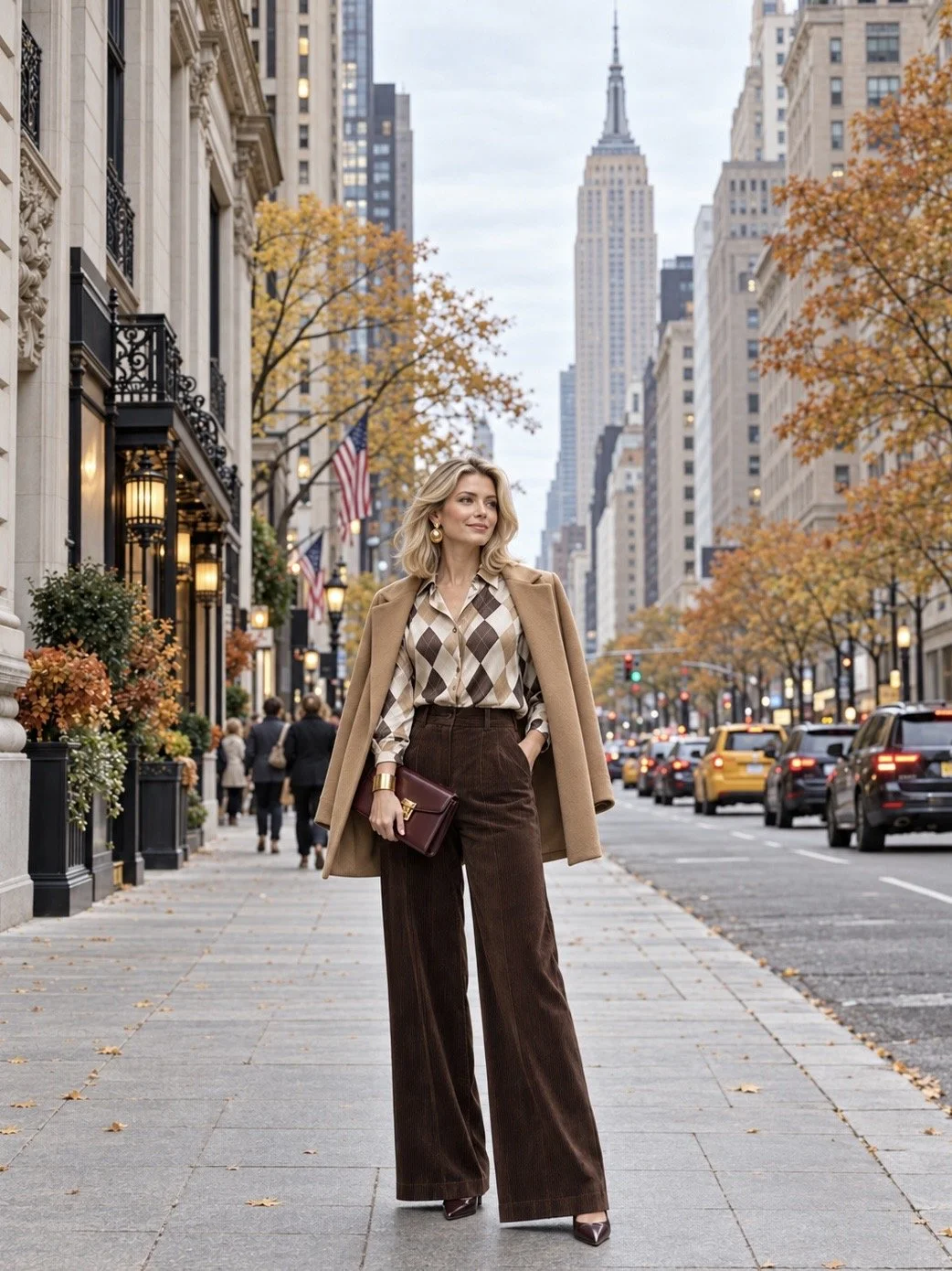 Argyle blouse and corduroy pants Woman wearing dark brown wide leg corduroy trousers, a neutral argyle blouse and a camel jacket draped over her shoulders, holding a burgundy clutch.