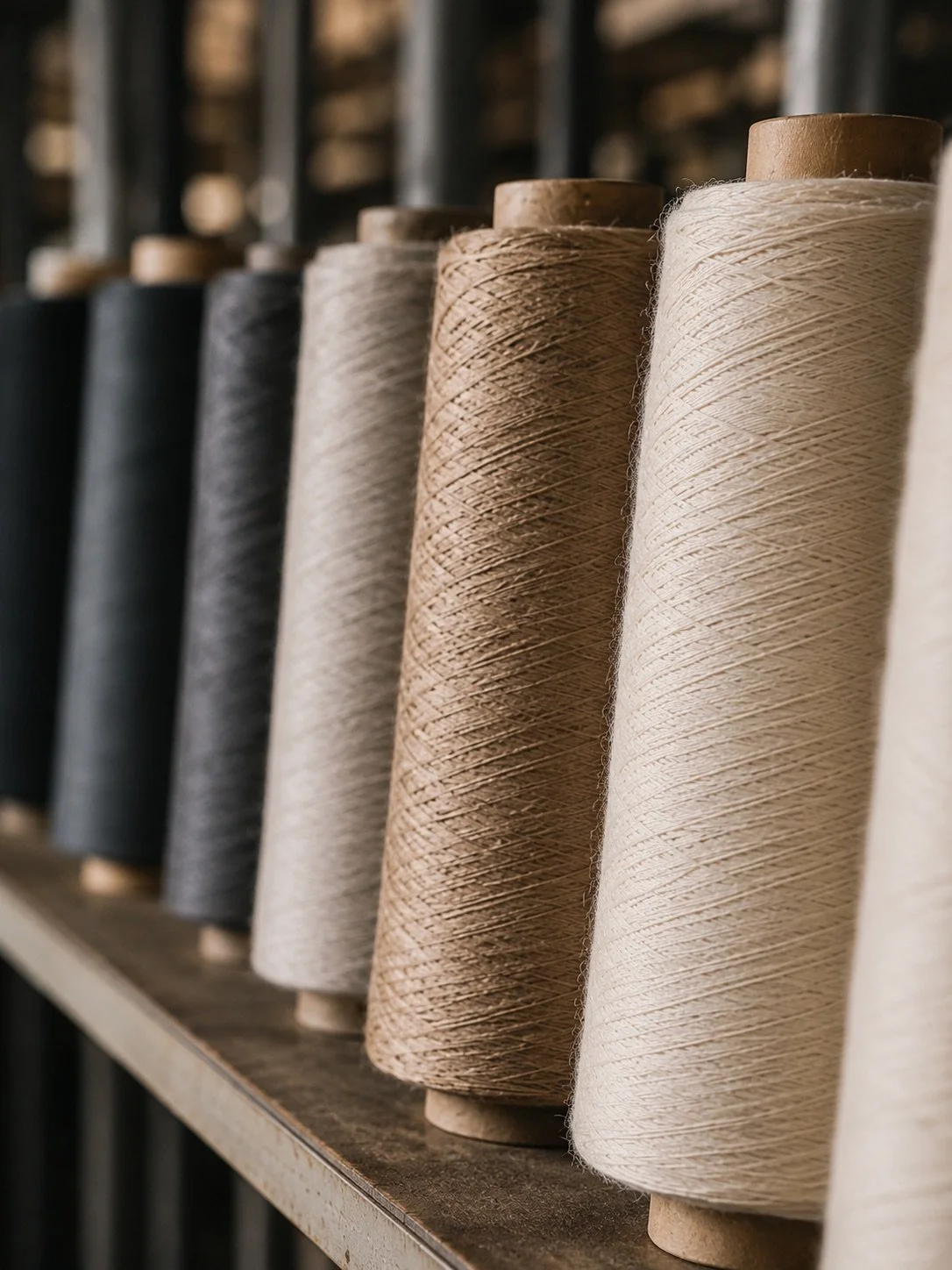 Close-up of luxury yarn cones in a Danish textile mill, featuring premium natural fibers used in sustainable fashion, ethical clothing production, and Scandinavian slow fashion.