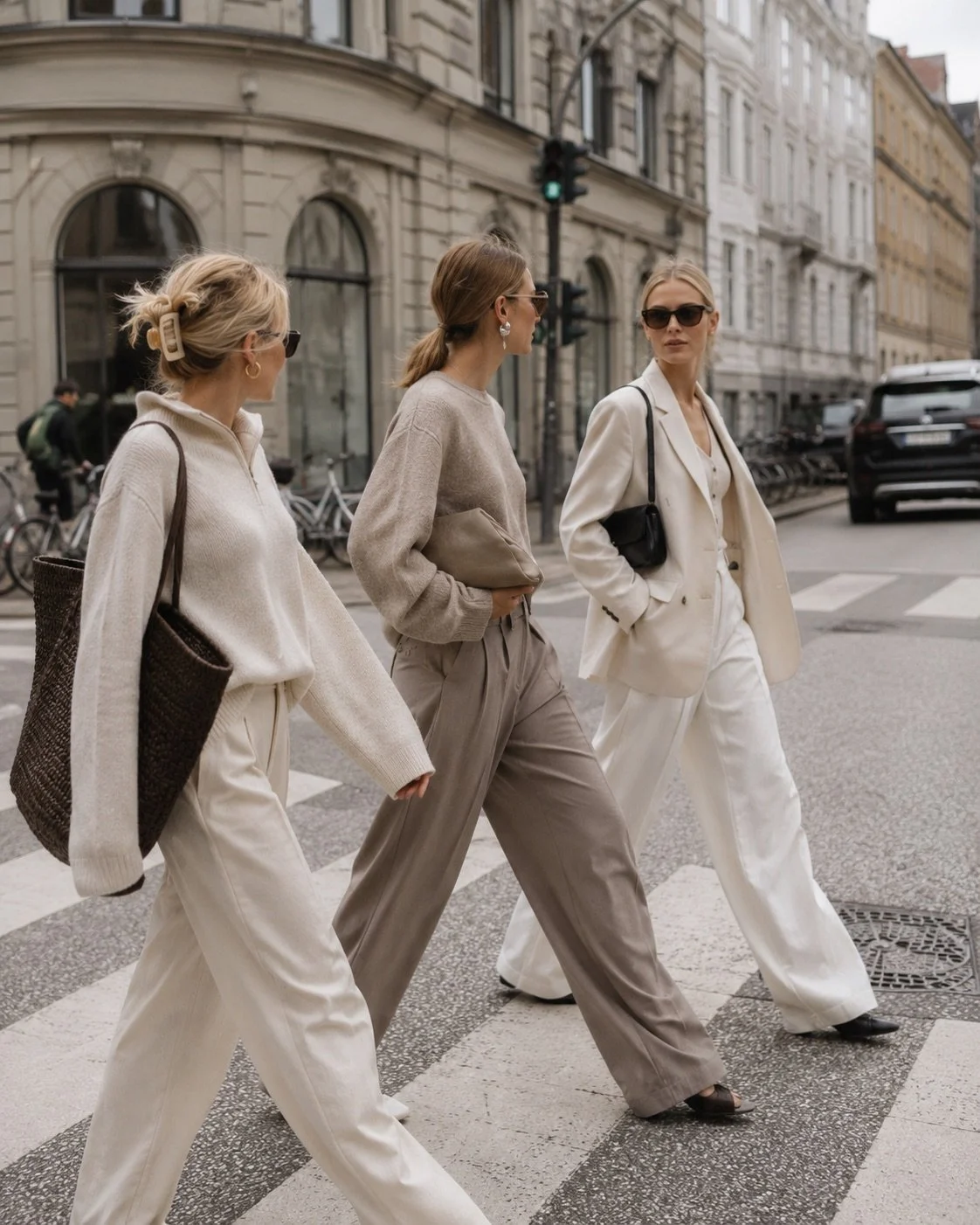 Three fashionable Scandinavian women walking through Copenhagen in timeless neutral clothing, showcasing Danish street style, sustainable fashion, minimalist wardrobe, quiet luxury, premium craftsmanship, and the principle of slow fashion.
