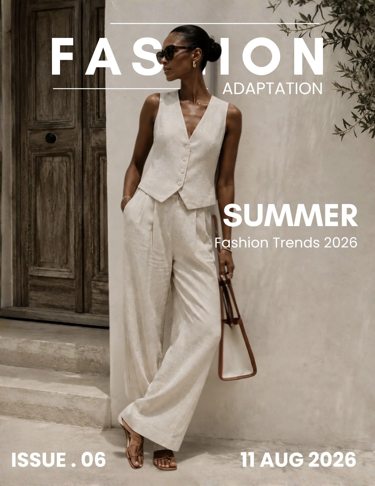 Woman standing against a wall with a hand in her pocket. Wearing a linen two piece outfit. Linen Vest and pleated wide leg linen pants, sunglasses, simple gold jewlry, hair in a bun, holding a tan handbag.