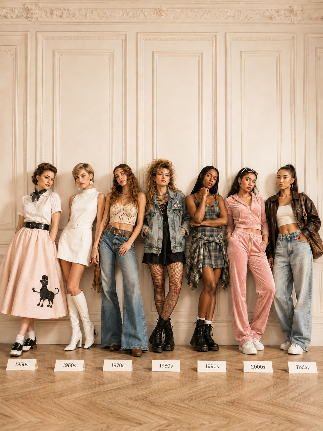 Teens dressed as every decade from 150's, 1960's, 1970's, 1980's, 2000's, and today.