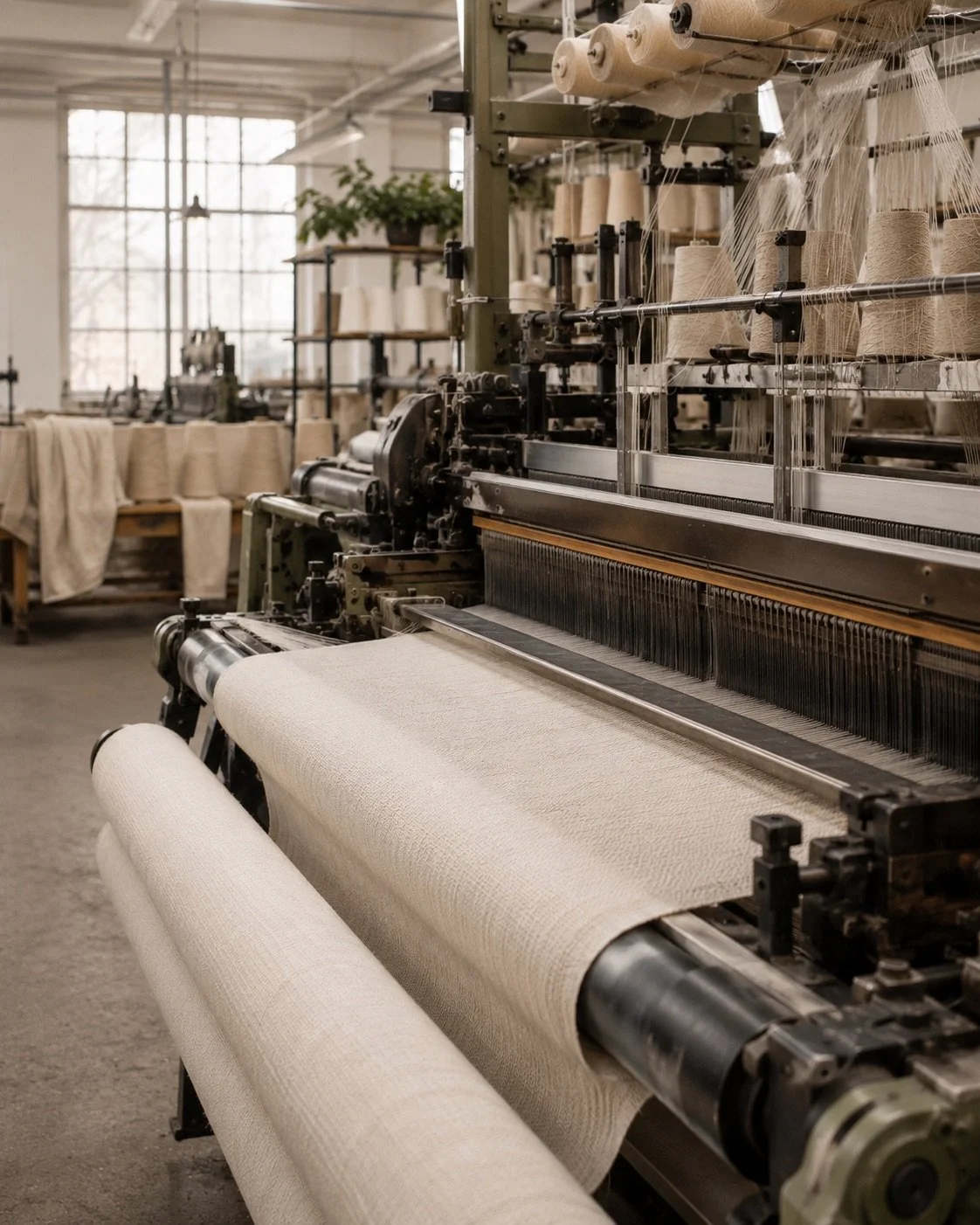 Modern textile weaving machine producing premium natural fabric inside a Danish textile mill, showcasing sustainable textile manufacturing, Scandinavian craftsmanship, ethical fashion production, and slow fashion innovation.