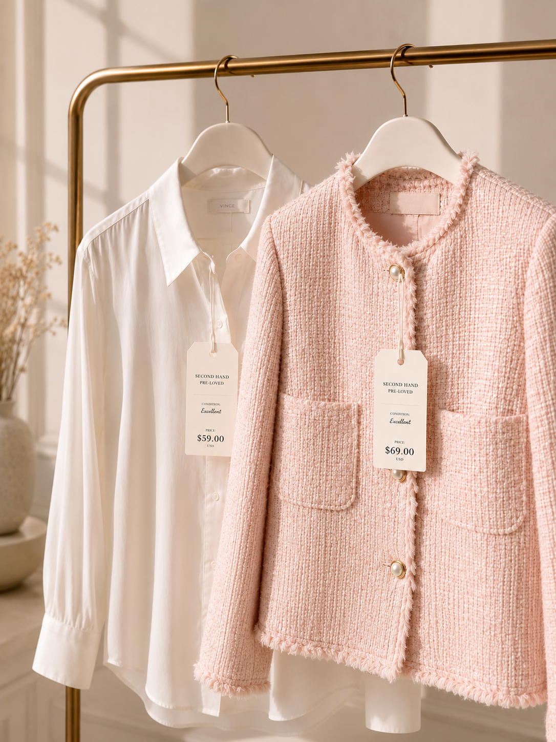 Secon hand Pink Tweed Jacket and White button down blouse. Sustainable fashion