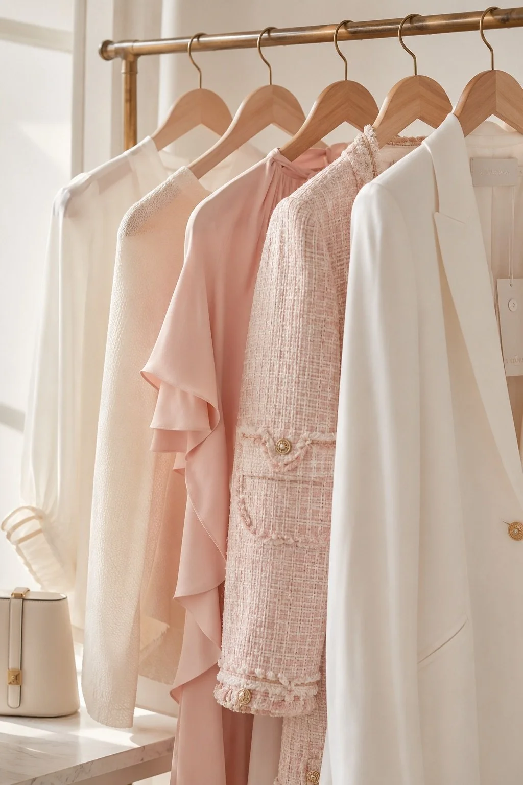 Pink, Cream, white, luxurious silk blouses hanging on a wardrobe rack.