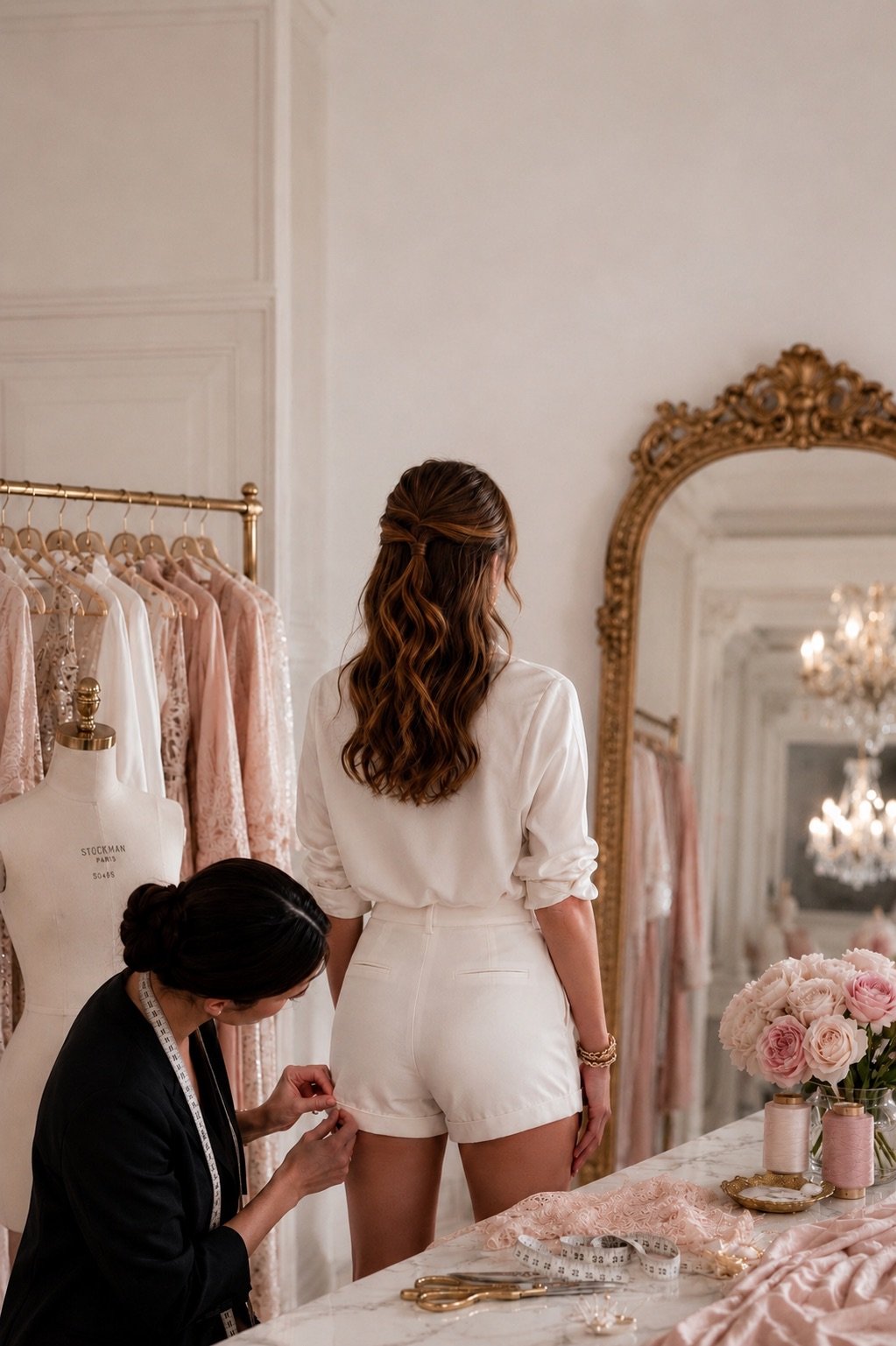 A woman getting a white pair of linen shorts tailored to better fit her. Sustainable fashion