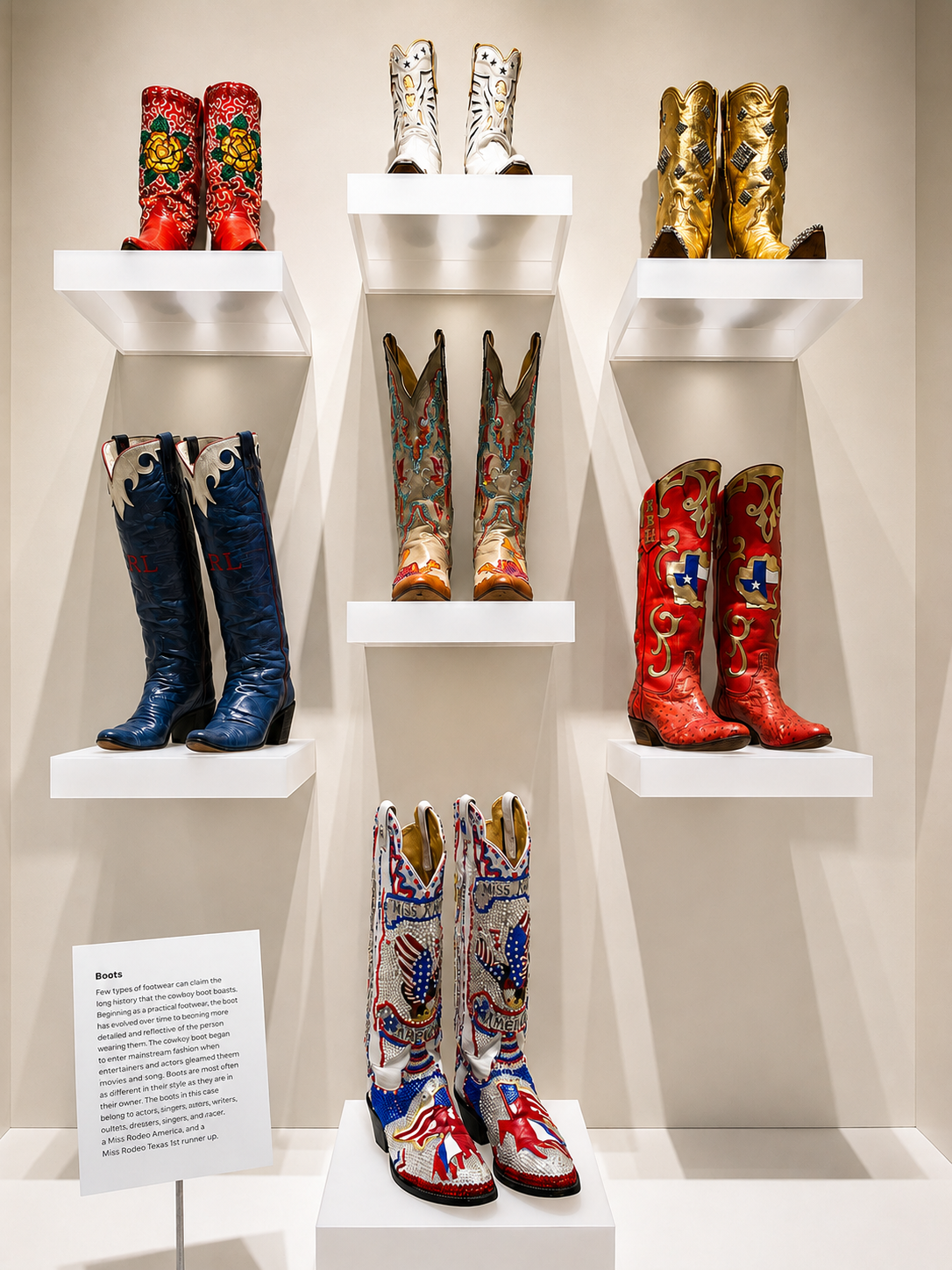 A wall of cowboy boots at the fort worth Cowgirl museum.