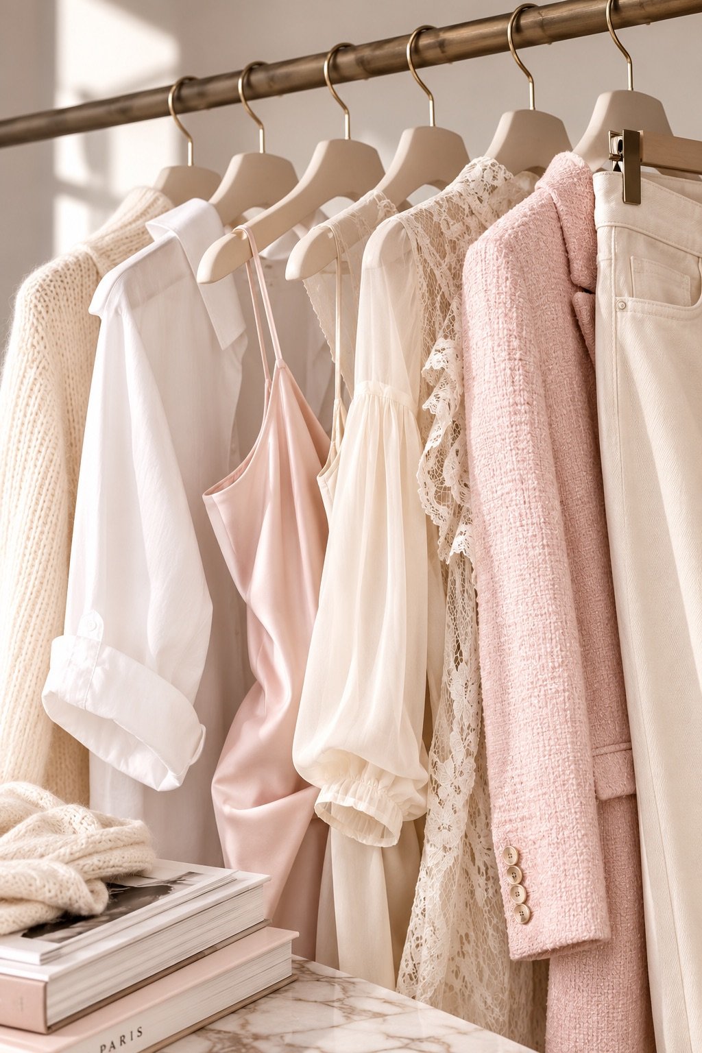 Pink, cream and white clothes hanging on a wardrobe rack beautifully displayed for second hand shoppers to purchase