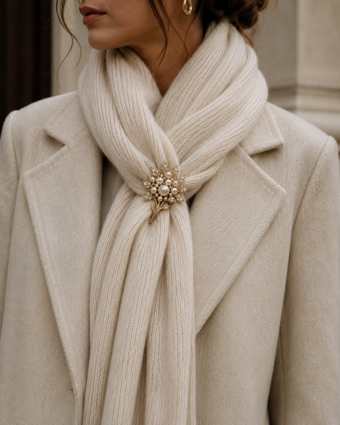 Woman wearing a cream colored wool coat, cream colored knit fabric scarf with a gold brooch of a bouquet of pearl flowers, holding the scarf together.