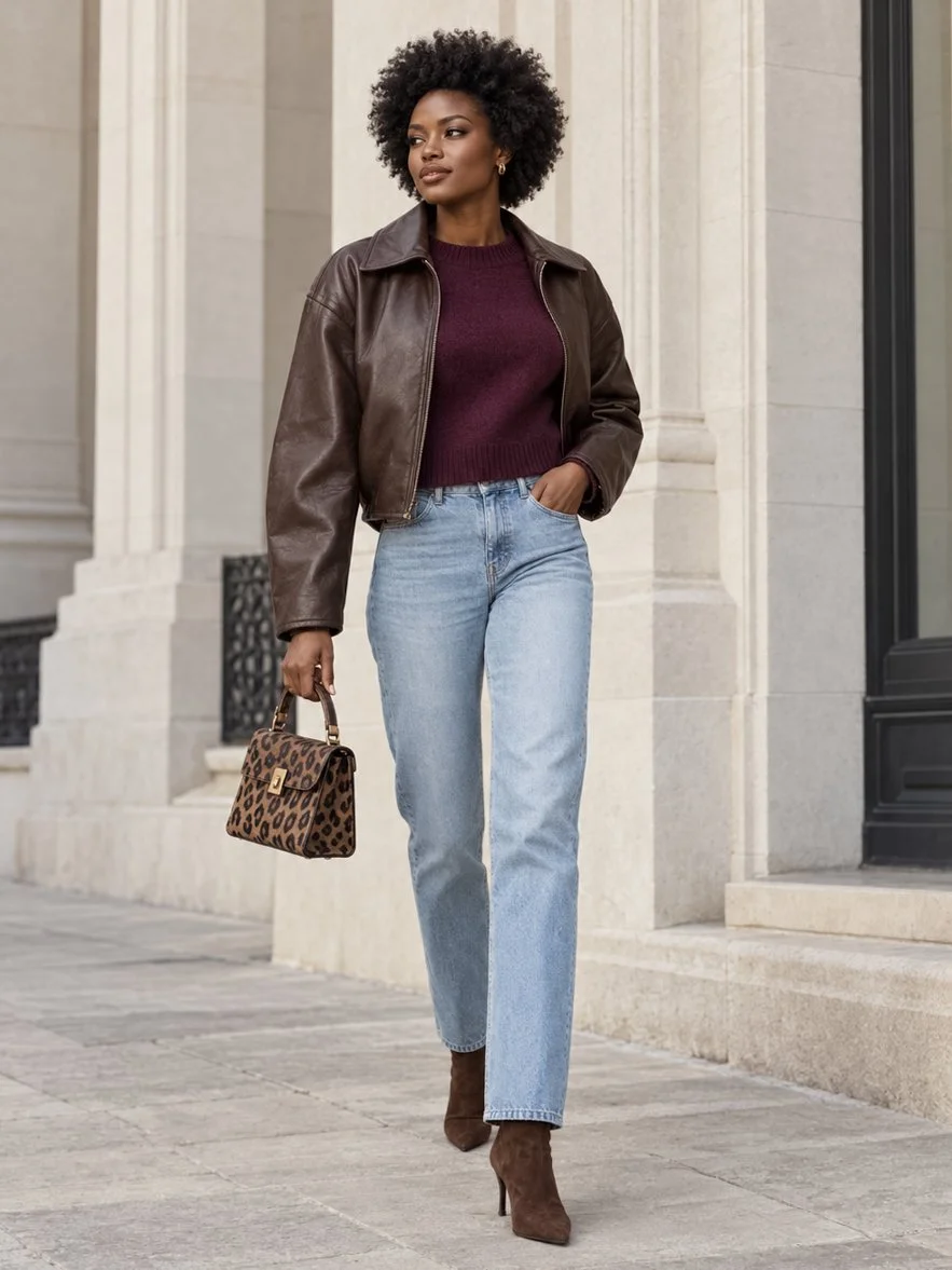 Brown leather jacket and jeans. Woman wearing a chocolate brown leather jacket, plum sweater and light wash straight leg jeans, carrying a leopard print handbag.