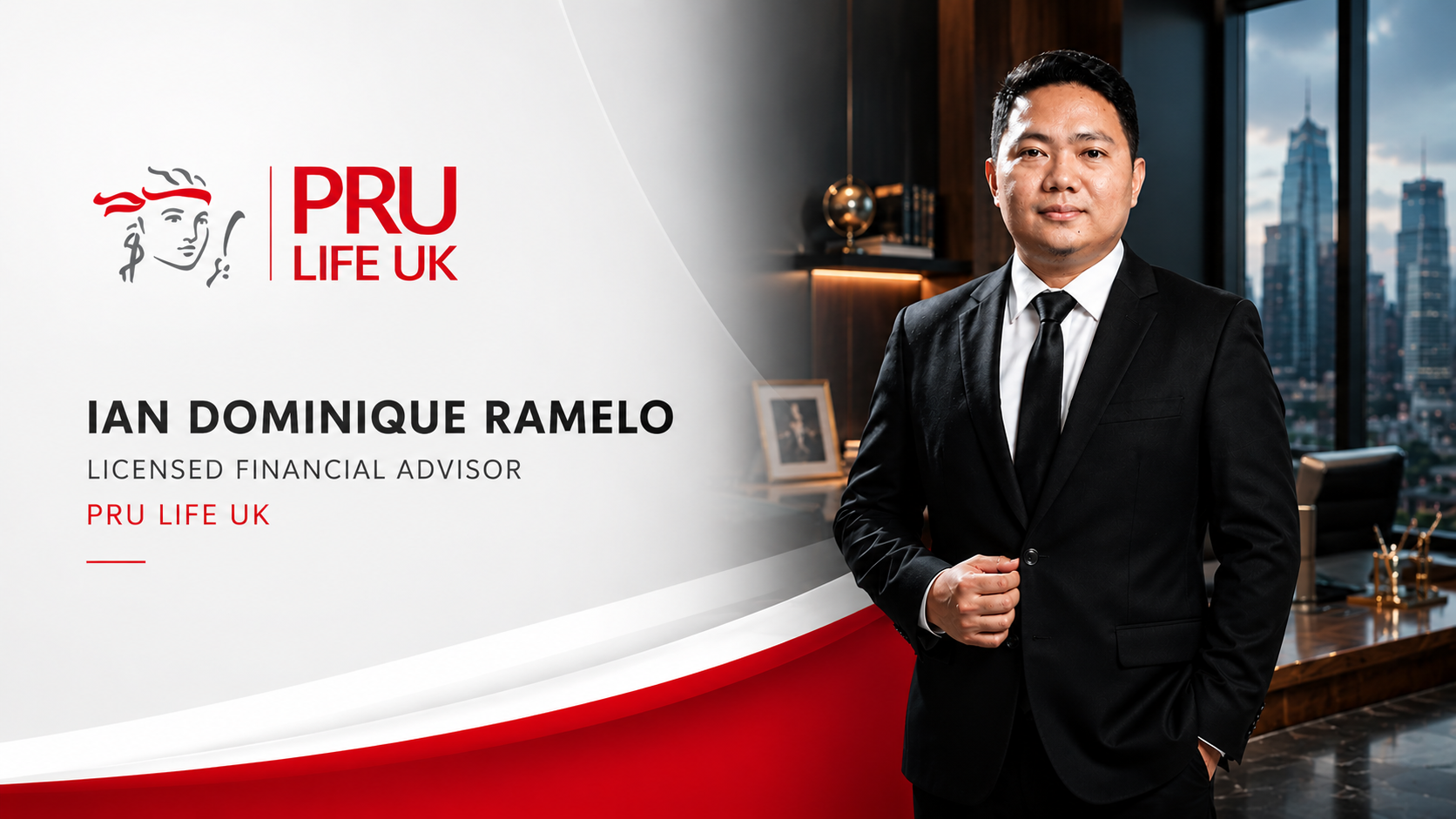 A professional photo of Ian Dominique Ramelo, a licensed financial advisor, standing in an office with city skyline view in the background. The left side of the image contains the PRU LIFE UK logo and text.