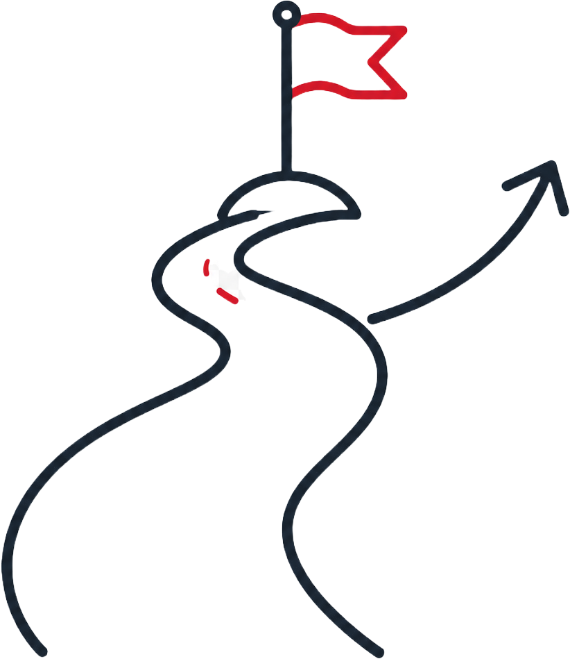 A winding road leading to a flag on a pole, with a small red and white flag attached, set against a colorful abstract background.