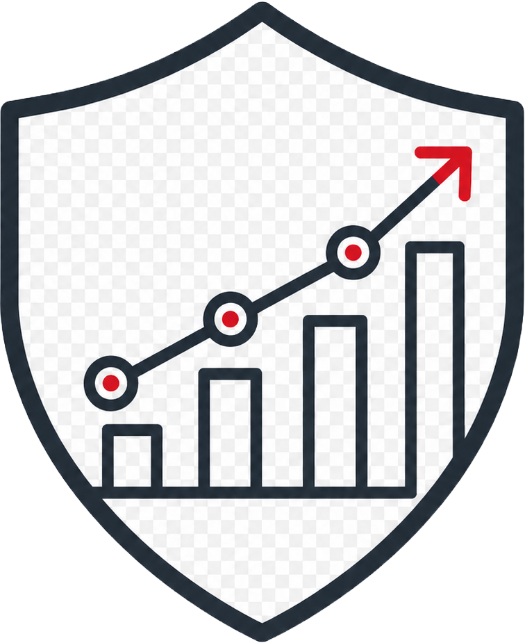 A shield emblem with a line graph and bar chart indicating growth and upward trend.
