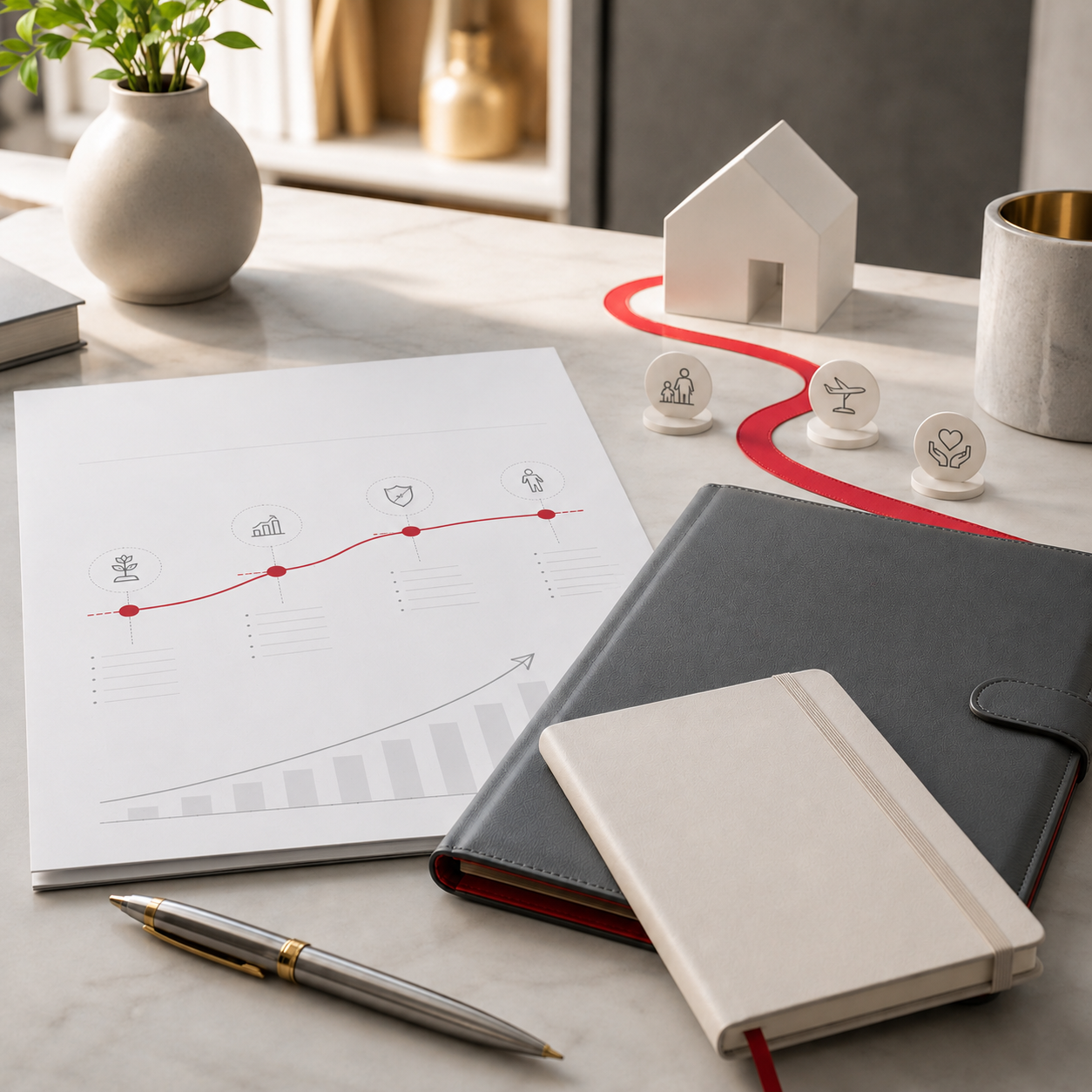 A workspace with a graph on paper, notebooks, a pen, a small house model, icons on stands representing social connections, love, and travel, and a plant in a white vase on a marble desk.