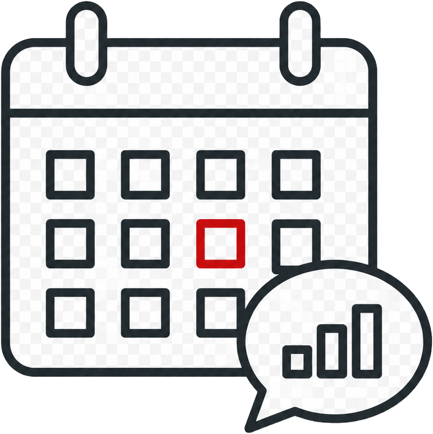 A calendar with a red square on a specific date, and a speech bubble with a bar chart indicating growth or progress.