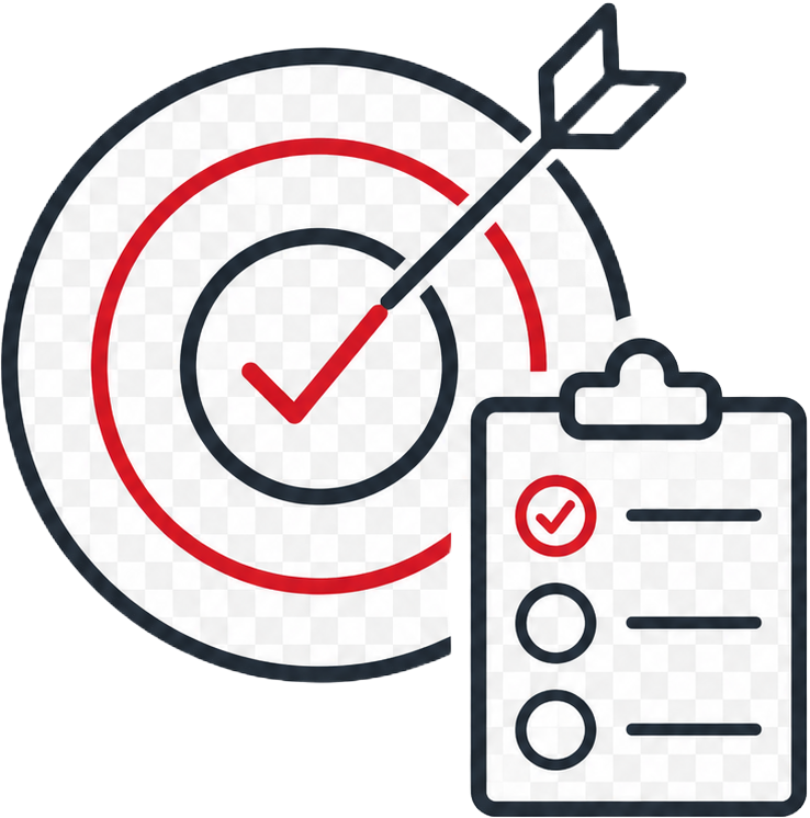 An illustration of a bullseye target with an arrow hitting the center, a checklist with a checkmark, representing goal achievement and task completion.