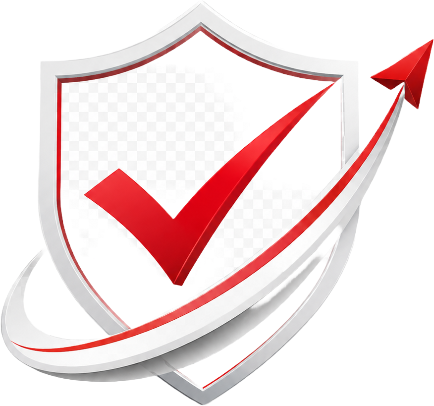 A shield with a red checkmark and an upward arrow, symbolizing security and growth.