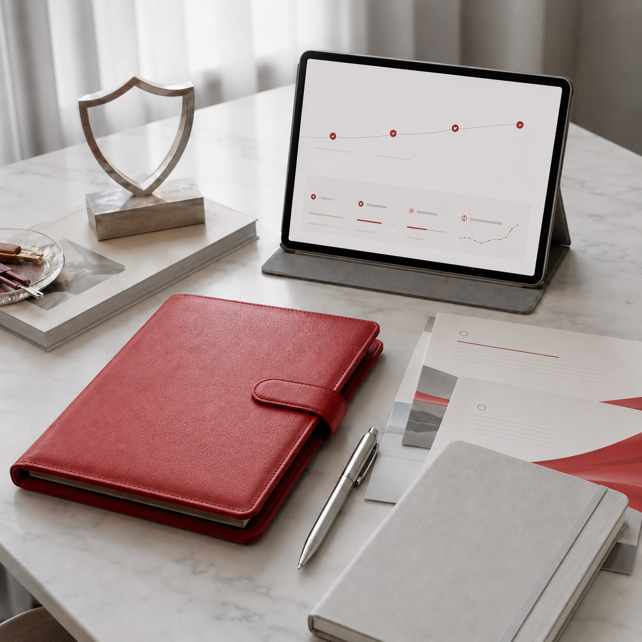 A tablet displaying a line graph with red data points, on a white marble desk surrounded by notebooks, a metallic pen, papers, a red leather planner, and a decorative shield trophy.