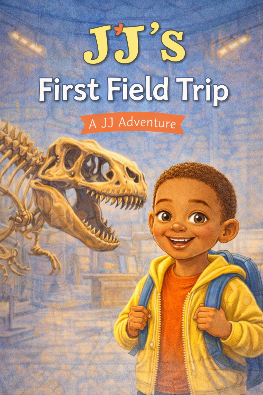 A children's book cover featuring a smiling young boy with light skin, curly hair, wearing a yellow jacket and red shirt, carrying a backpack, with a dinosaur skeleton in the background.