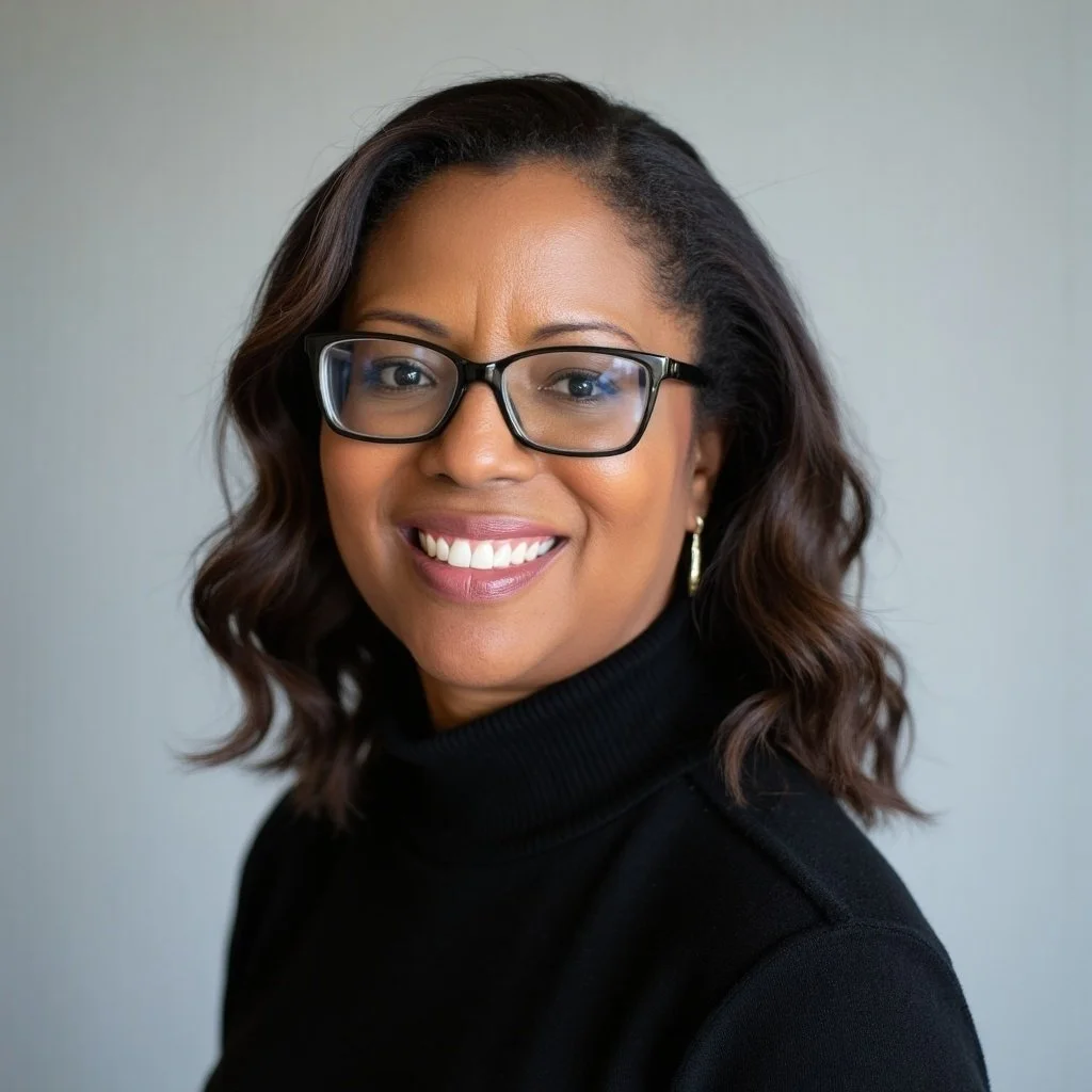 A woman with wavy brown hair, wearing black glasses, earrings, and a black turtleneck smiling against a plain background.