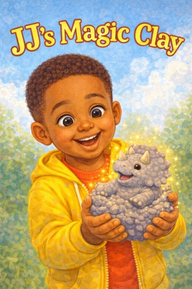 Cover of JJ's Magic Clay featuring a smiling young boy in a yellow jacket holding a grey fluffy dinosaur-shaped clay figure with small horns, set against a blue and green background with the title in yellow and red text.