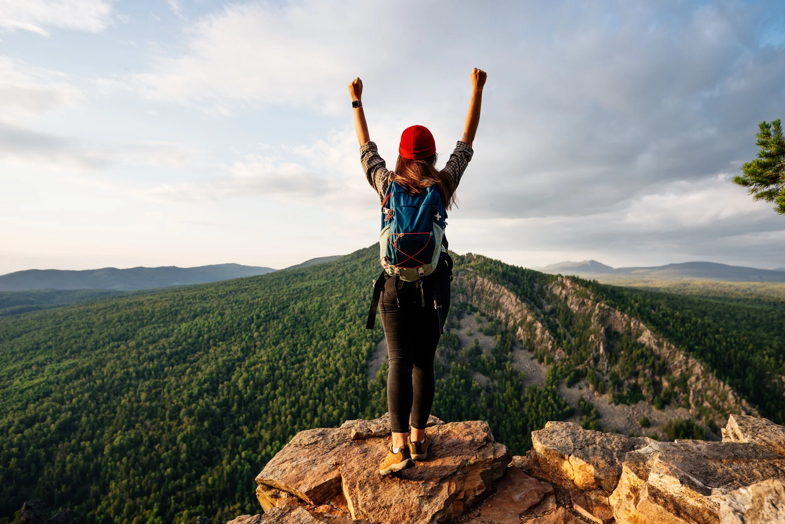 A person wearing a backpack and red cap stands triumphantly on a rocky cliff edge, overlooking a vast green forest and mountains under a cloudy sky.
