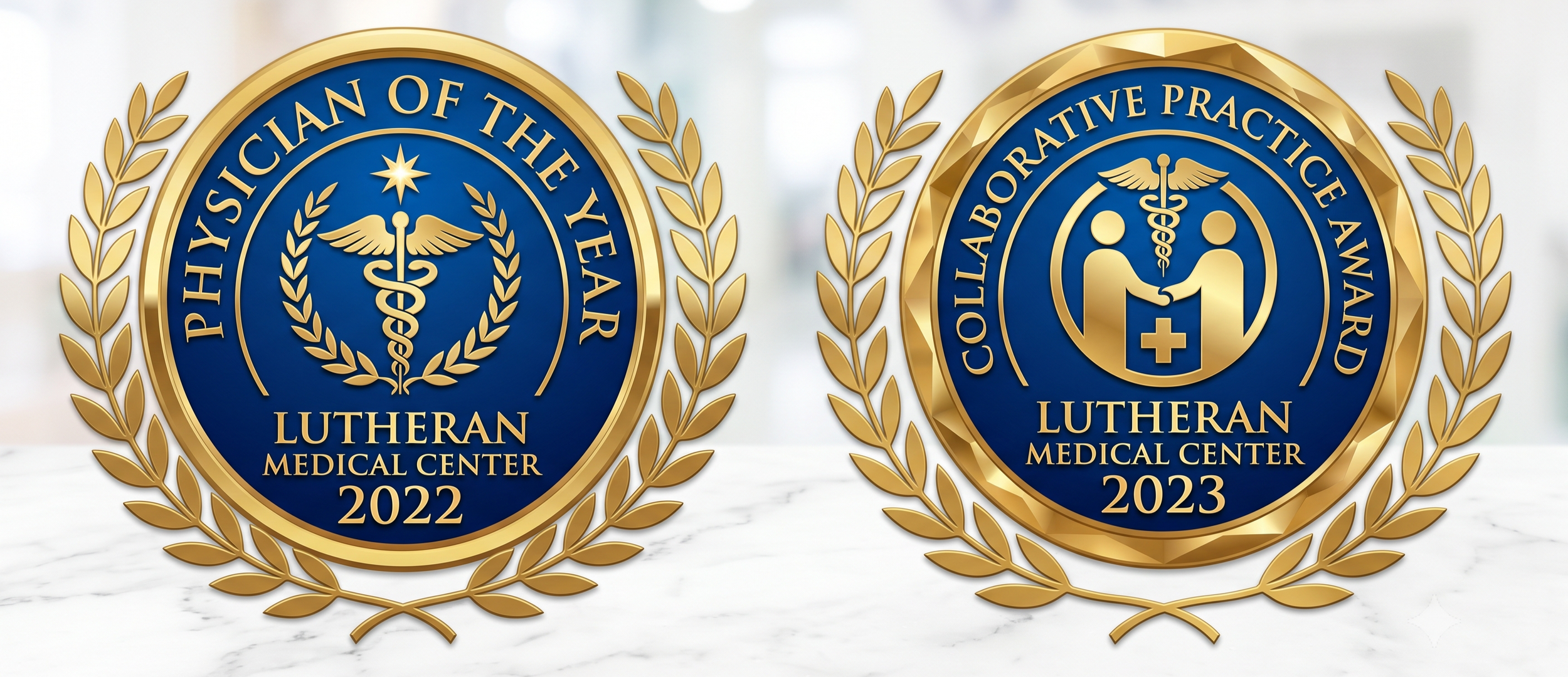 Medals with blue and gold design for Lutheran Medical Center, one awarded in 2022 and the other in 2023, featuring medical symbols and laurel leaves.