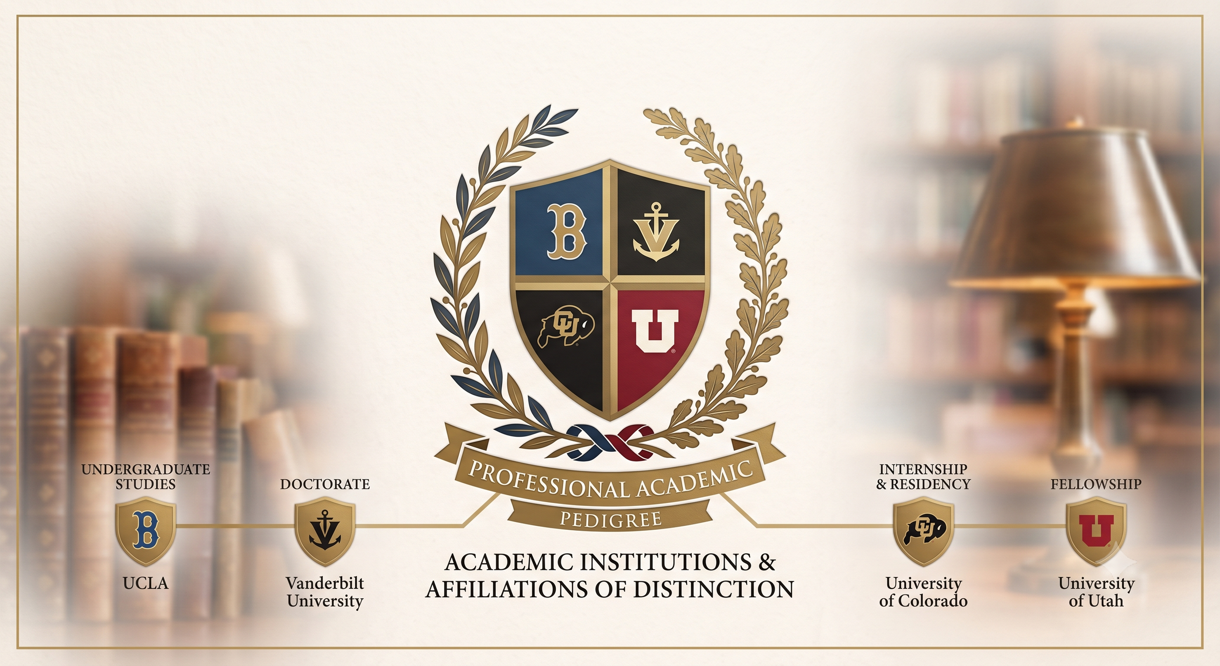 Academic crest with four quadrants displaying logos of different universities, surrounded by laurel branches, and text indicating academic institutions and distinctions such as undergraduate studies, doctorate, professional academic pedigree, internship and residency, fellowship, and universities including UCLA, Vanderbilt, University of Colorado, and University of Utah.