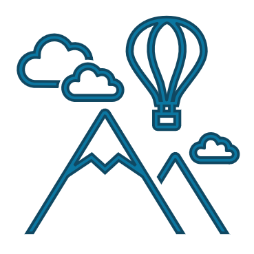 Outline illustration of mountains, clouds, and a hot air balloon in blue on a black background.
