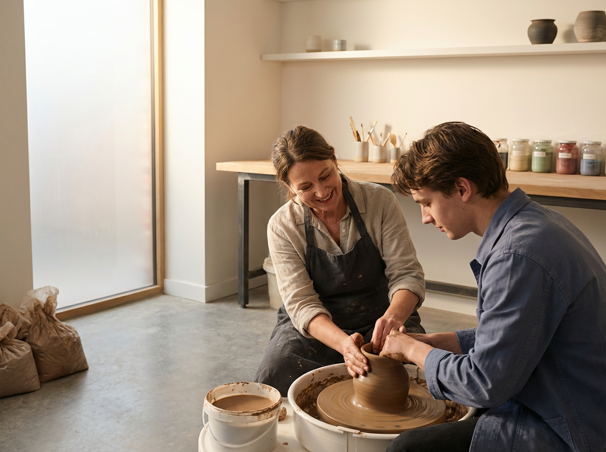 A woman and a young man are making pottery on a pottery wheel. The woman is guiding the man's hands as they shape a clay vase. They are in a well-lit room with shelves holding pottery and jars.