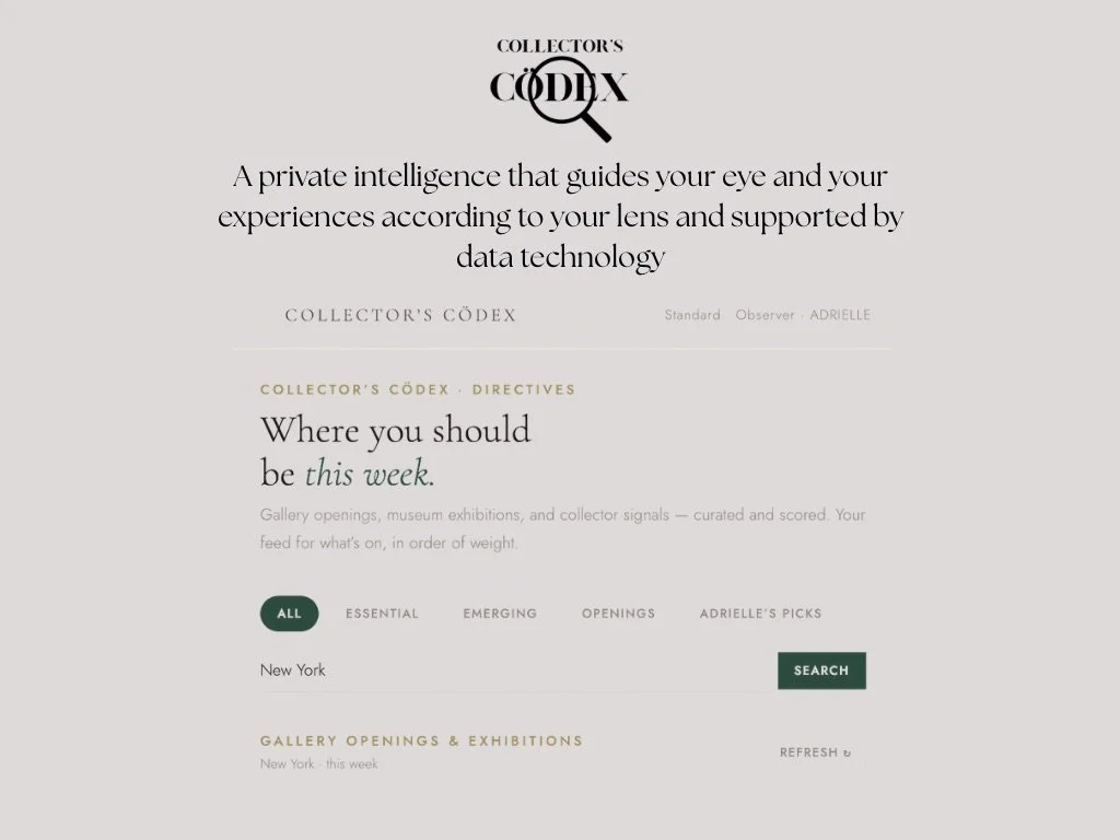 A digital page from Collector's Codex website showing a guide for art gallery openings and exhibitions in New York, with navigation and search options.