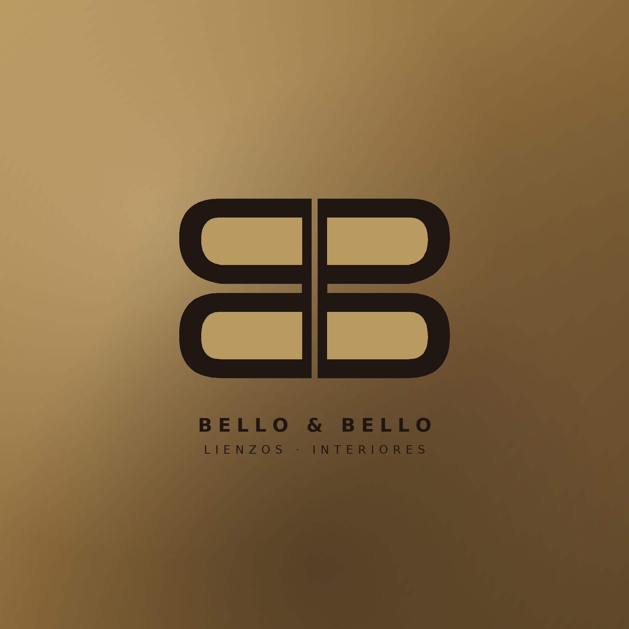 Imagen del logotipo de la marca Bello & Bello con fondo beige y texto en letras negras. Abajo, en letras pequeñas, se leen las palabras 'Lenzos', 'Interiores' y 'Líneas' en español.