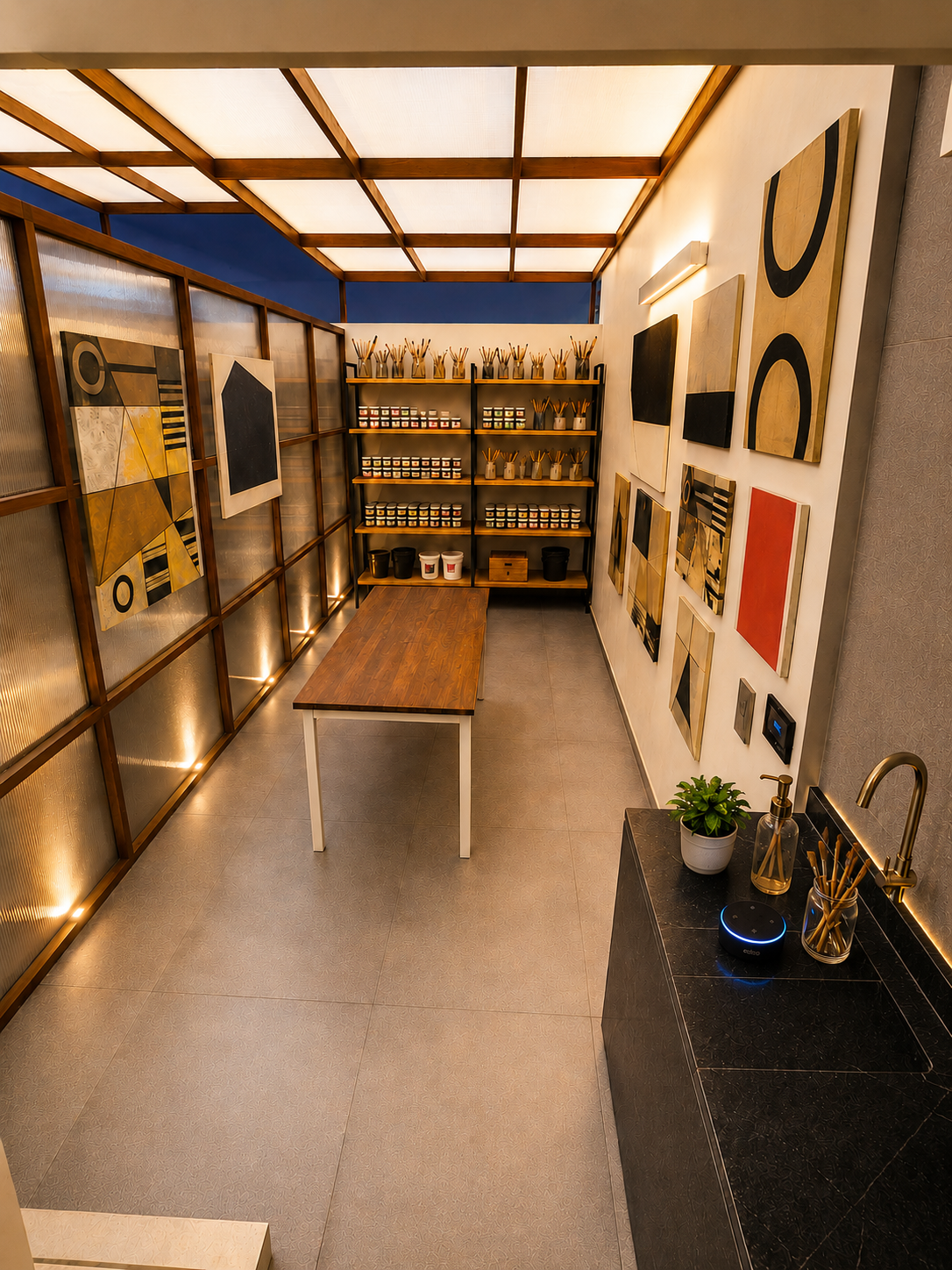 Un pequeño estudio de arte con paredes decoradas con pinturas abstractas, estanterías con frascos y materiales de arte, una mesa de trabajo de madera, y un fregadero con plantas y objetos de decoración.