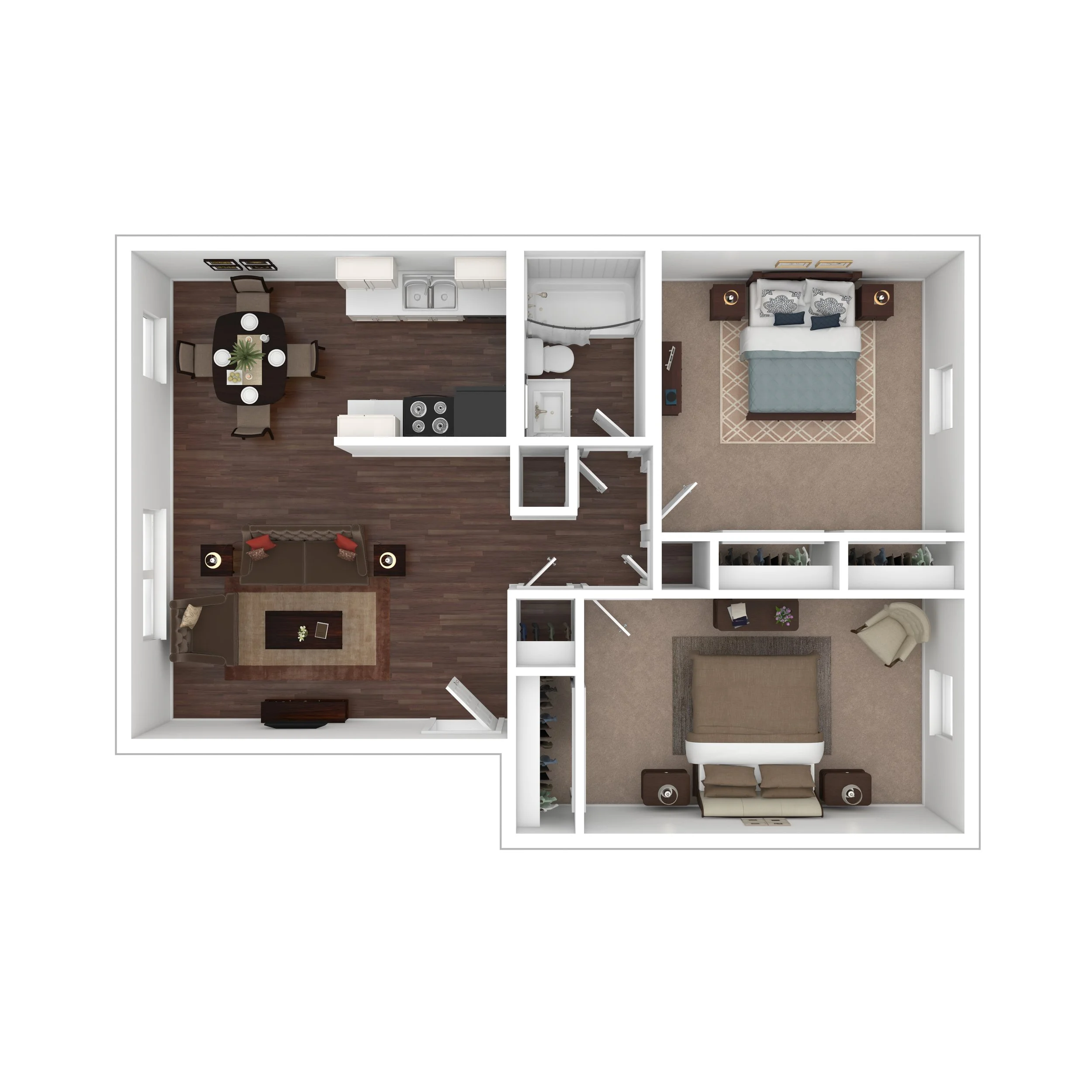 Top-down view of a floor plan showing a living room, dining area, kitchen, bathroom, and bedroom with furniture and fixtures.