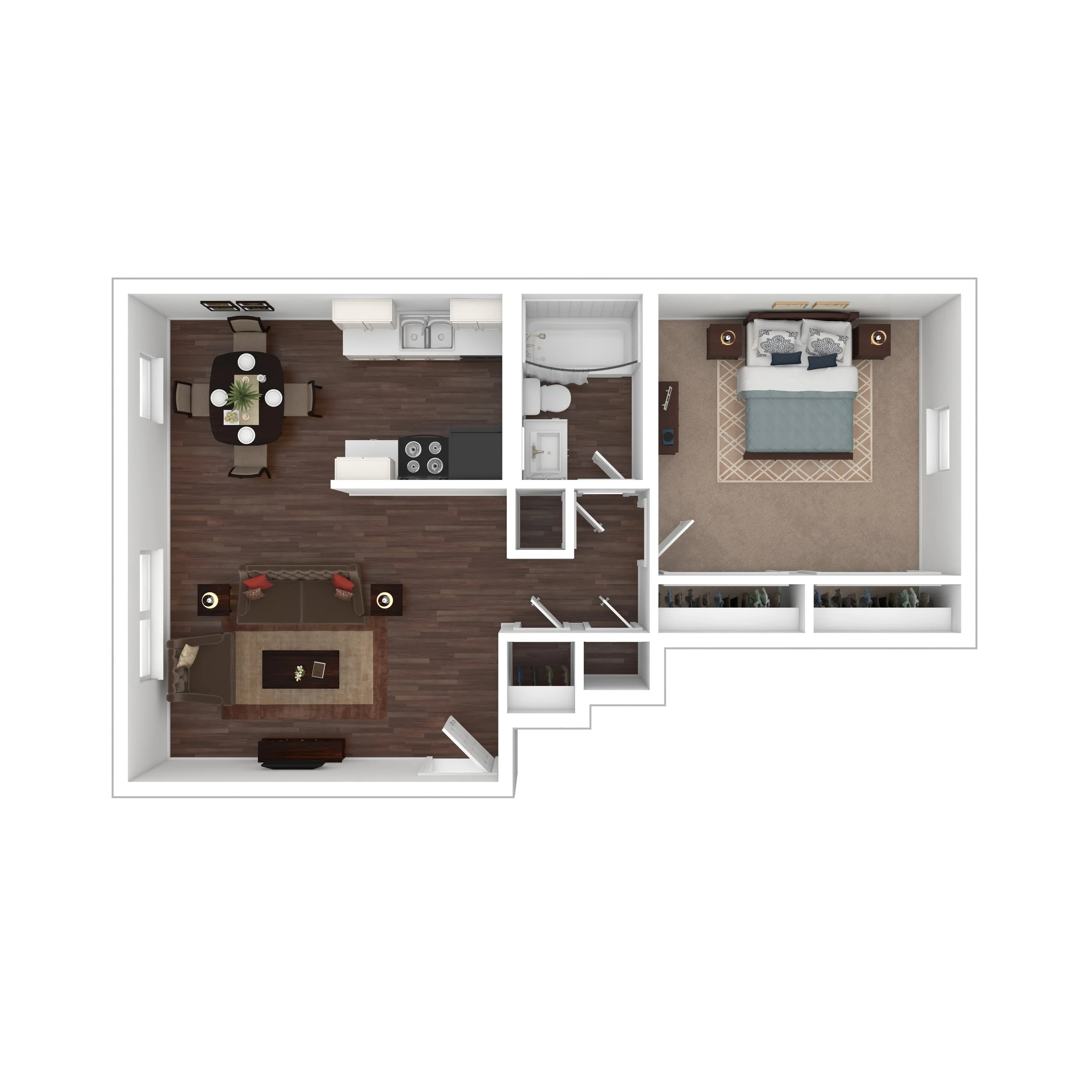 Floor plan of a home showing a living room, dining area, kitchen, bathroom, bedroom, and closet space.