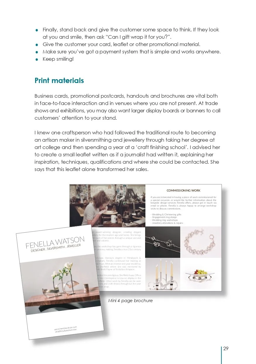A page from a brochure showing a woman working at a desk, jewelry images, and text content about print materials and craftsmanship, with a focus on business cards, promotional postcards, and jewelry design.