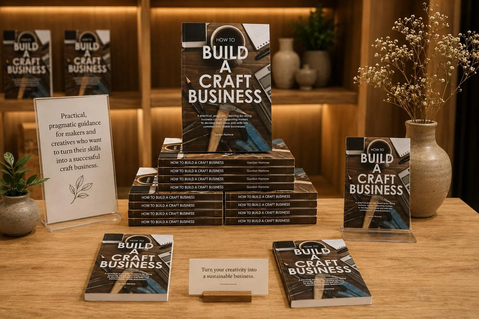 Display of multiple copies of a book titled "How to Build a Craft Business" by Gordon Homme, arranged on a wooden table with decorative plants, a sign about guidance for makers, and a quote about turning creativity into a sustainable business.