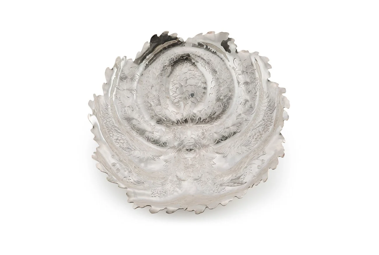 Intricately carved silver tray with floral and bird motifs of Malcolm Appleby