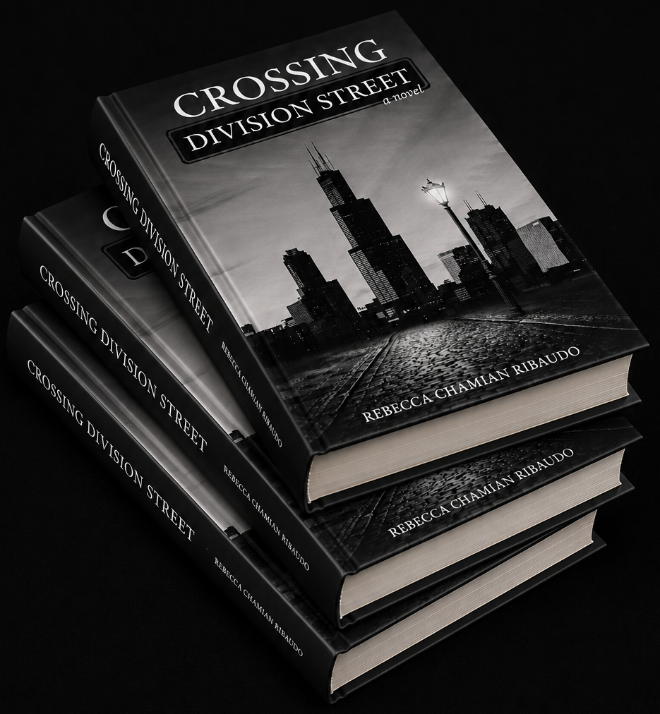 Stack of four books titled "Crossing Division Street" by Rebecca Chamian Ribaudo, featuring a black-and-white cover image of Chicago's skyline with street lamps, against a black background.