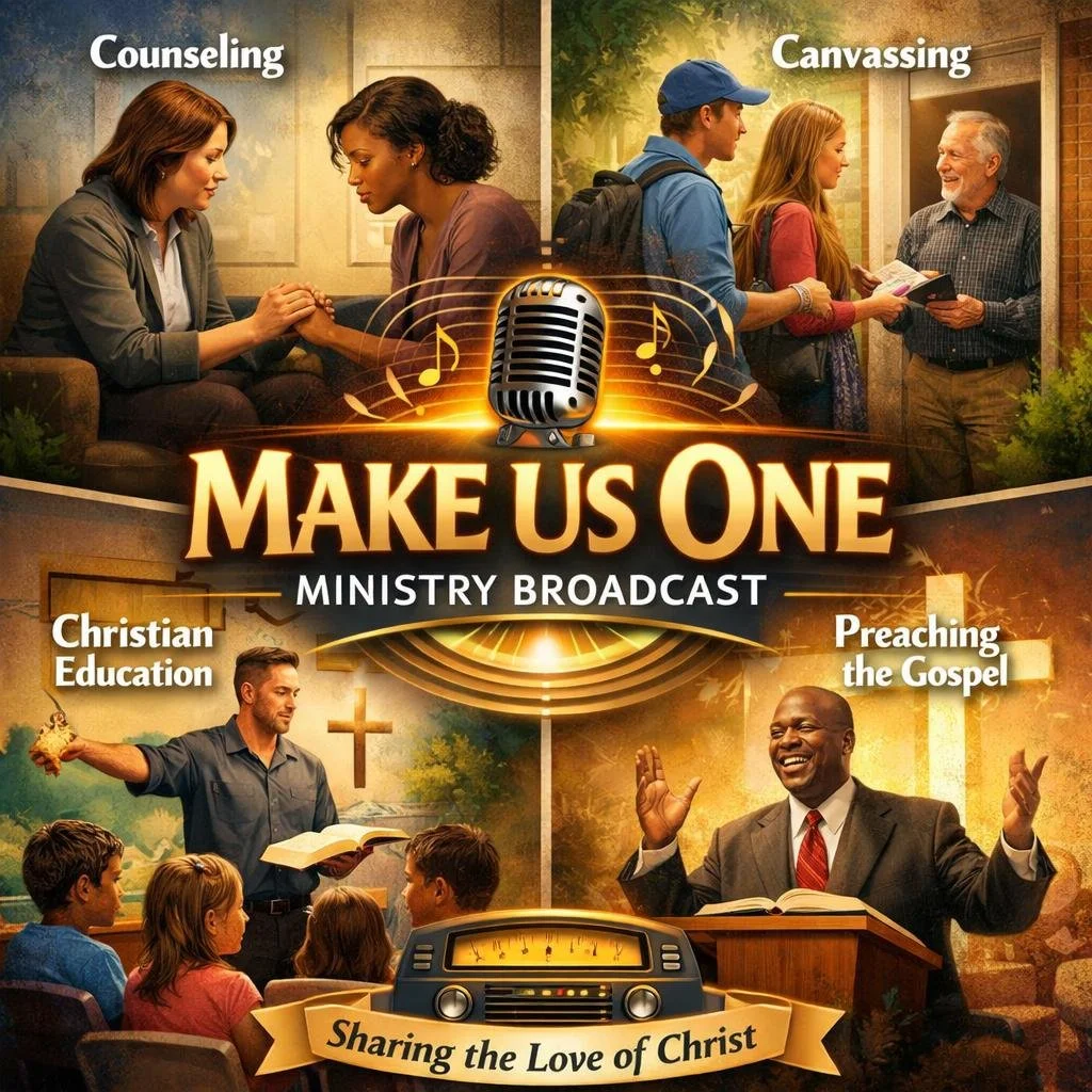 Poster for 'Make Us One' Ministry Broadcast. The poster is divided into four sections with images and text. Top left: Counseling session with two women holding hands. Top right: Canvassing scene with young man and woman talking to an older man at a door. Bottom left: Christian education class with a teacher and children in front of a cross. Bottom right: Preaching scene with a preacher speaking to an audience. Center: A microphone with musical notes and the text 'Make Us One'. A radio is at the bottom with a banner reading 'Sharing the Love of Christ'.