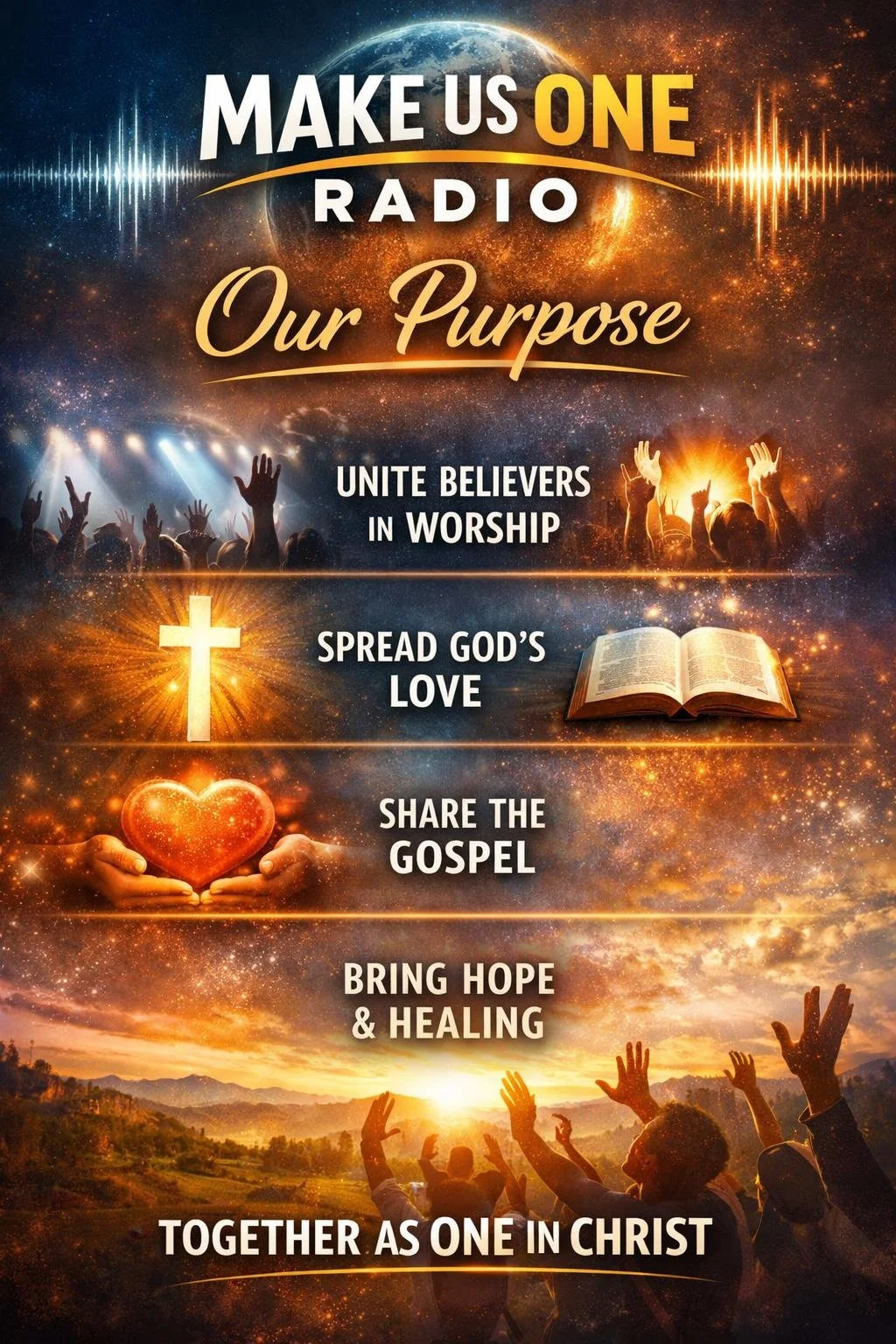 A promotional poster for a Christian gathering or event with themes of worship, love, sharing the gospel, hope, and healing, featuring images of people raising hands, a cross, an open Bible, hearts, and a scenic sunset background.
