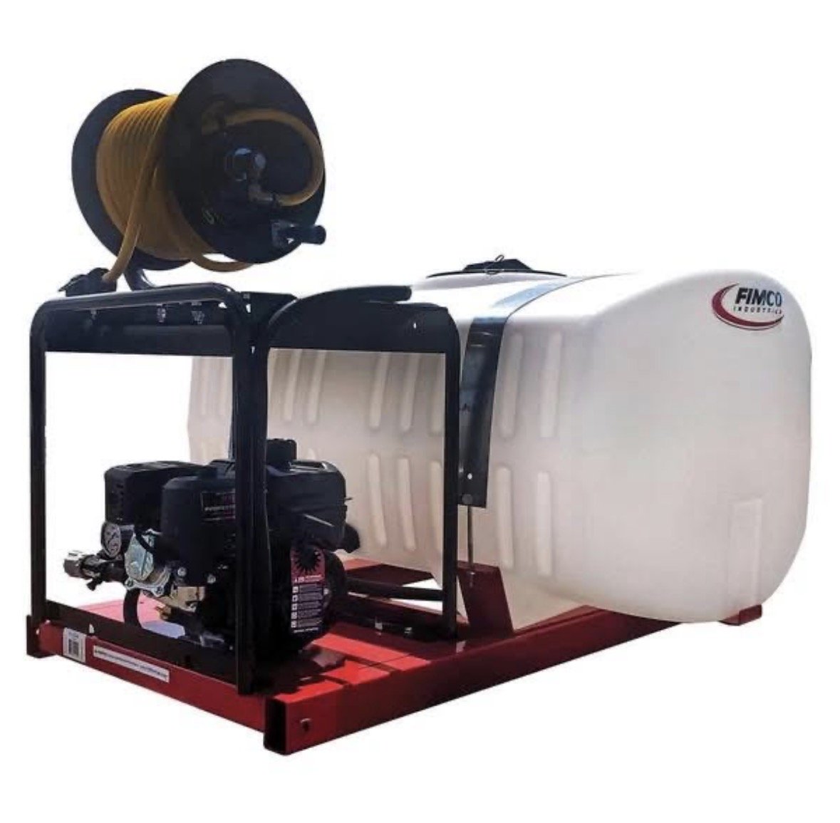 A portable foam fire suppression system with a water tank, a pump, and a hose reel on a red metal frame.