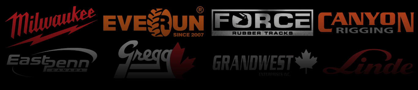 Logos of construction and rigging companies including Milwaukee, EVE RUN, FORCE RUBBER TRACKS, CANYON RIGGING, Eastpenn CANADA, Gregg, GRANDWEST ENTERPRISES, and Linde, with various styles, colors, and symbols.