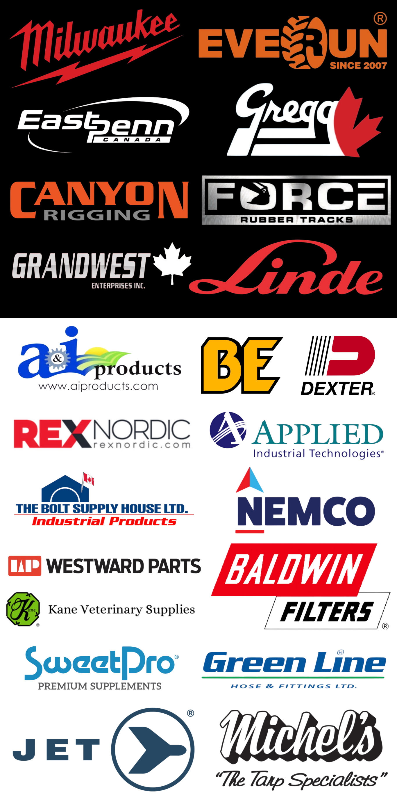 Collection of logos from various brands including Milwaukee, Everrun, EastPenn, Grega, Canyon Rigging, Force Rubber Tracks, Grandwest Enterprises, Linde, Rex Nordic, Applied, Nemco, Baldwin, Kane Veterinary Supplies, Westward Parts, SweetPro, Green Line, Jet, and Michelle's Tarp Specialists.