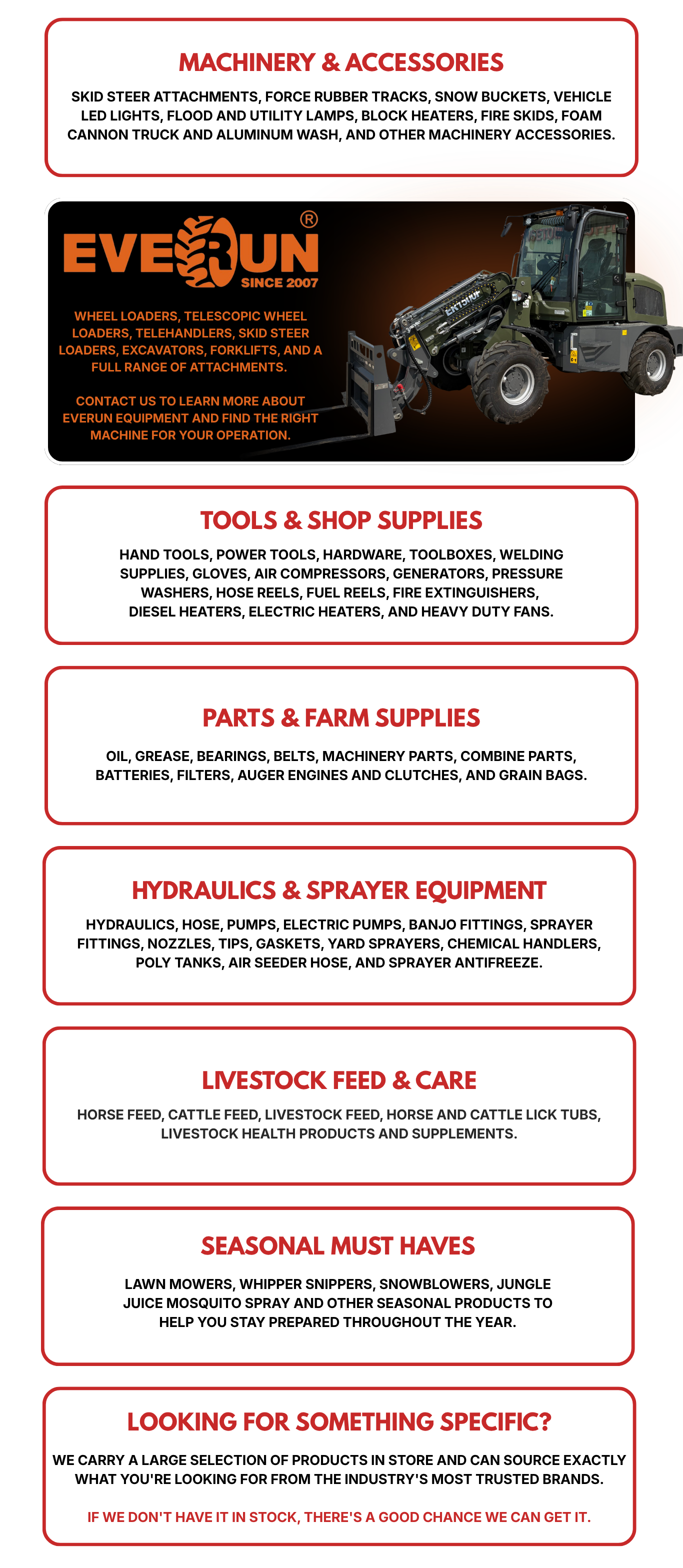 A printed catalog listing various machinery and equipment categories, including machinery accessories, tools, parts, hydraulics, livestock supplies, seasonal products, and a note about availability and sourcing.