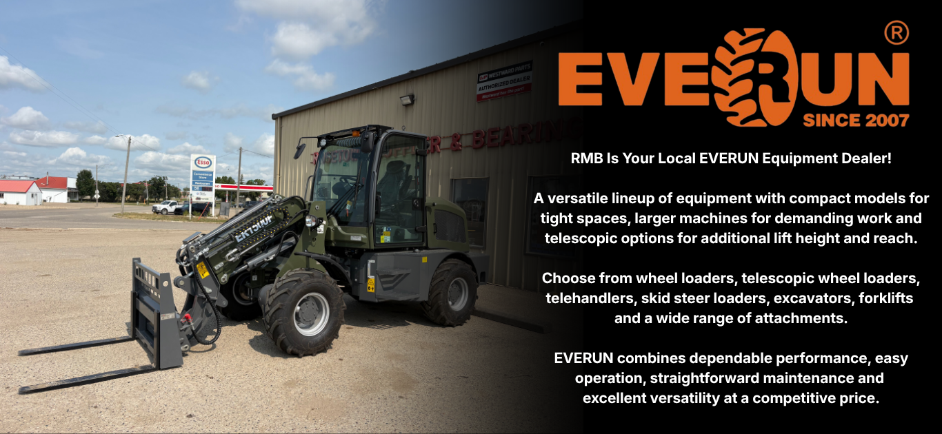 A compact green and black loader with telescopic arm parked outside a beige building with red signage. The logo and promotional text for EVERUN equipment are overlaid on the image, highlighting various attachments and features.