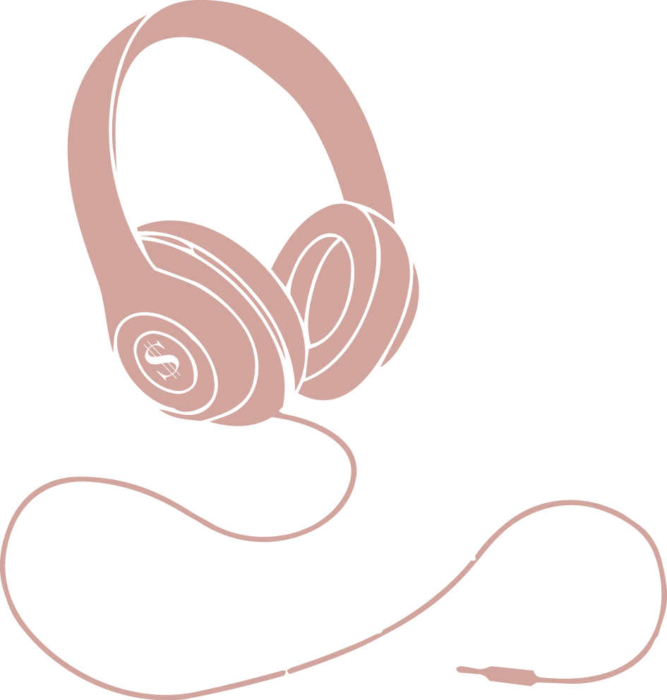Line drawing of over-ear headphones connected by a wire.