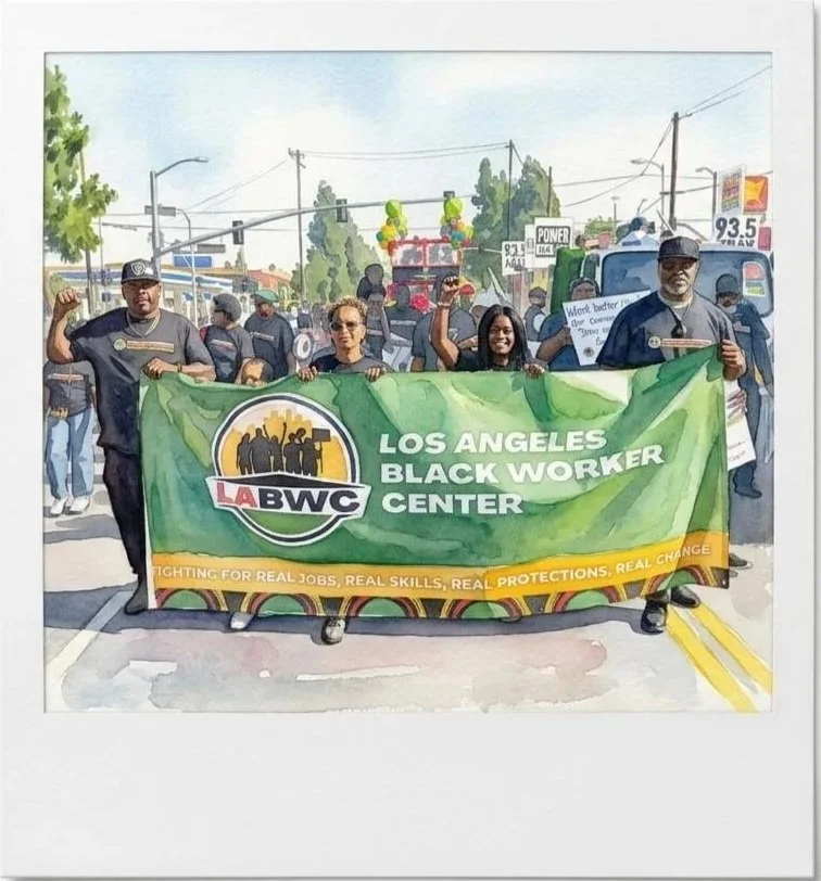 People holding a banner that reads 'Los Angeles Black Worker Center' during a parade or protest.