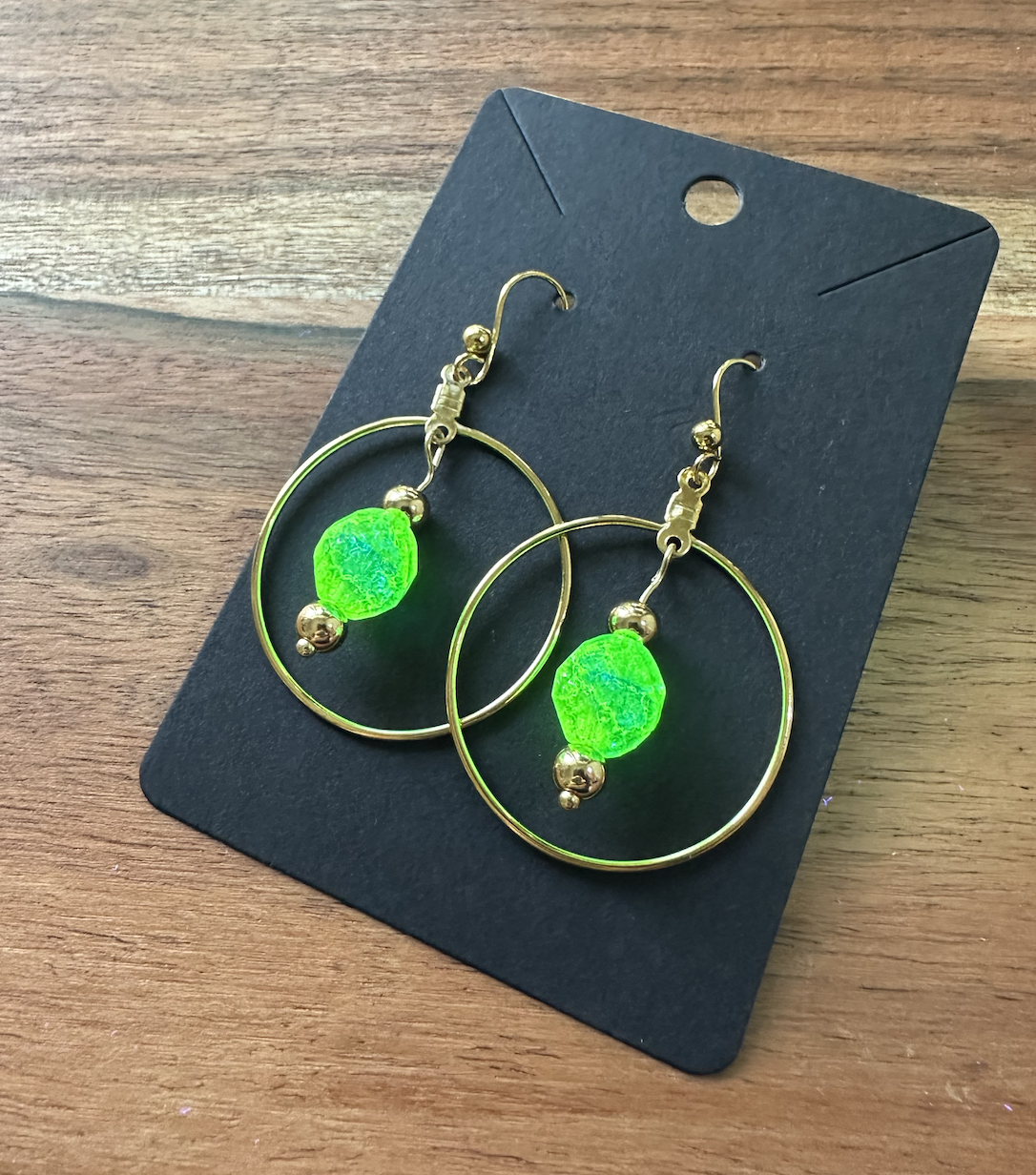 Glowing green uranium glass earrings.
