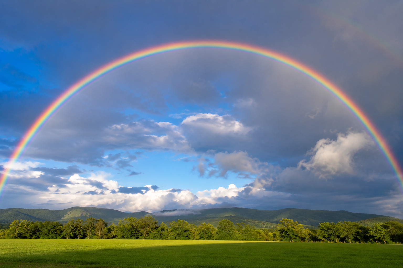 A rainbow over a meadow.