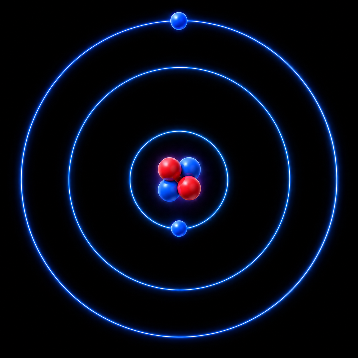 A digital illustration of an atomic model with a nucleus consisting of red and blue protons and neutrons, and four blue electrons orbiting in circular paths against a black background with glowing blue rings.